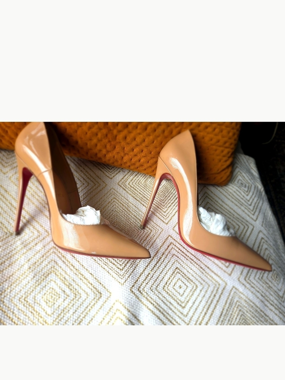 Christian Louboutin Beige Patent Leather Pointed Toe Pumps with Red Soles